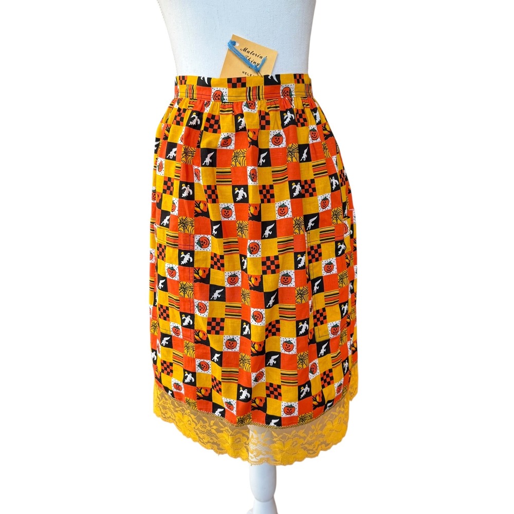 Vintage Halloween‎ Skirt Apron Lace Trim Orange Yellow Spooky Chic